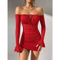 Kadın Kırmızı Dalgıç Kumaş İspanyol Kol Fantezi Elbise 5151