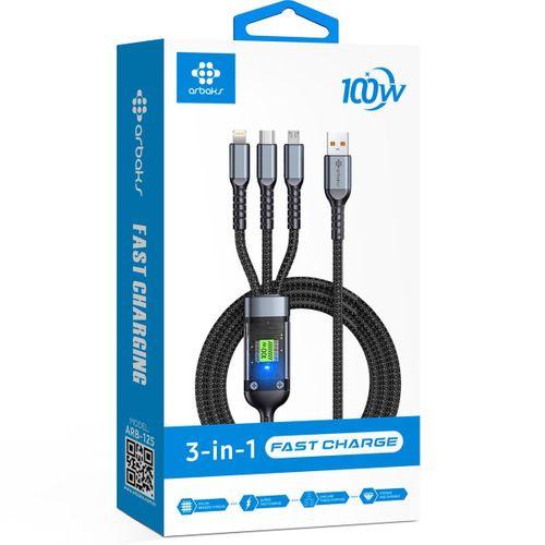 Arbaks ARB-125 3’ü 1 Arada 100W Hızlı Şarj Kablosu – Type-C, Lightning, Micro USB, LED Ekranlı, Örgülü Dayanıklı Tasarım