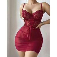 Kadın Kırmızı Fantazi Gecelik Tül Dantel Fiyonk Detaylı Askılı 2209