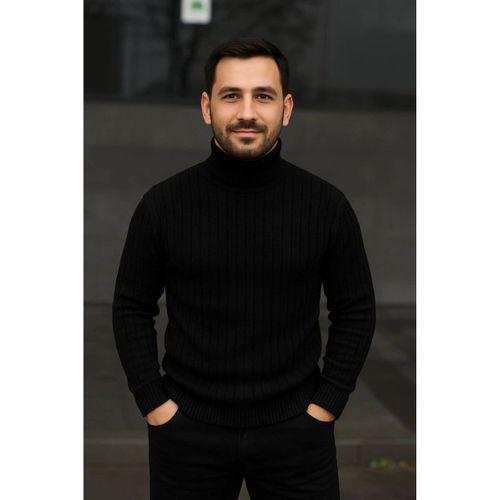 Erkek Fitilli Triko Kazak 2li Set Gri Siyah Regular Balıkcı Yaka Tam Boğazlı Triko Seti Modeli Kazak