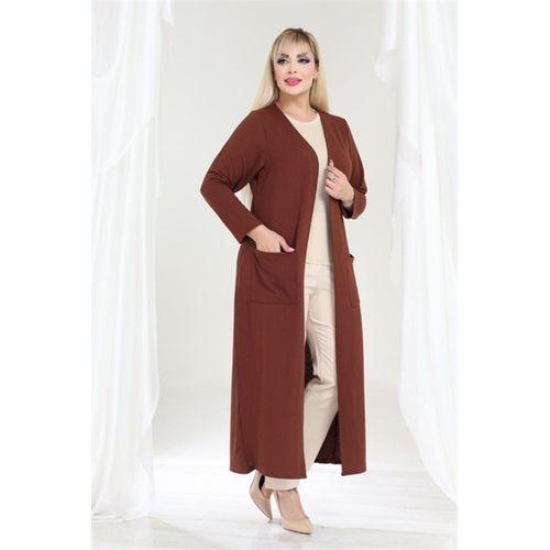 Melsay Butik Büyük Beden Tarçın Dokulu Örme Kumaş Uzun Kadın Hırka