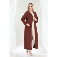 Melsay Butik Büyük Beden Tarçın Dokulu Örme Kumaş Uzun Kadın Hırka