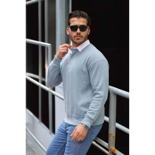 Polo Yaka Selanik Örme Kumaş Erkek Sweatshirt - Soğuk Mavi