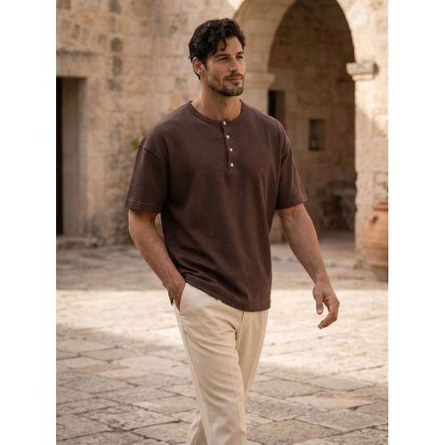 Roth Relaxed Fit Günlük Henley Yaka Waffle Kumaş Yazlık Kısa Kollu T-Shirt - Vizon