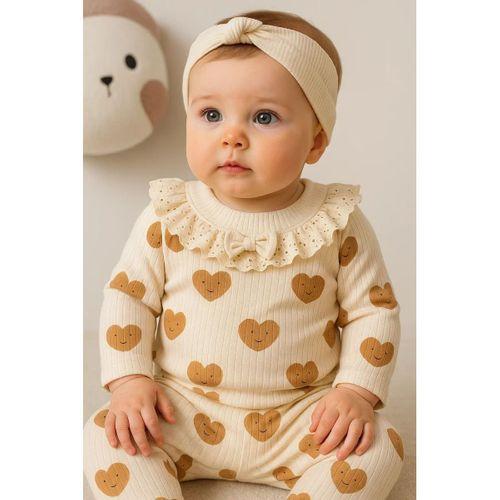 Kalp Baskılı Fisto Yaka 3 Parça Kız Bebek Takımı %100 Pamuk