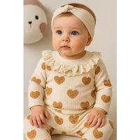 Kalp Baskılı Fisto Yaka 3 Parça Kız Bebek Takımı %100 Pamuk