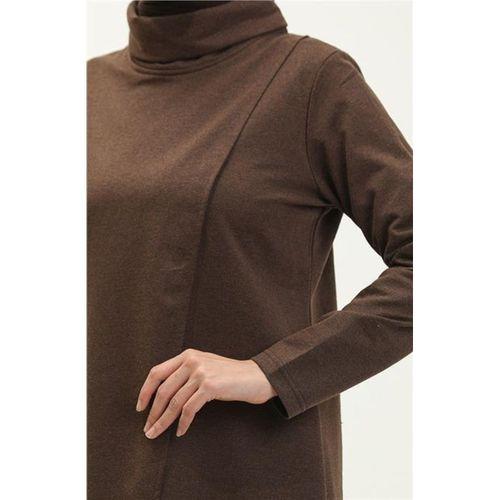 Kruvaze Balıkçı Yaka Sade Basic Uzun Tunik Panolon İkili Takım - 03043.028 - Kahverengi