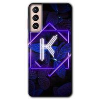 Potkal Hediye Fabrikası Samsung Galaxy S21 HD Baskılı Kılıf + 9D Tam Ekran Koruyucu - Dark Neon Yaprak K Harfi