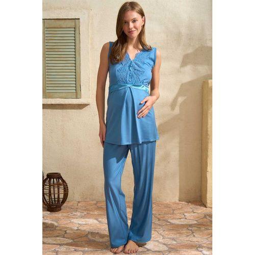 Sıfır Kol V Yaka Kadın Viskon Düz Yazlık Uzun Dantel Detaylı Hamile Pijama Takımı Sabahlık