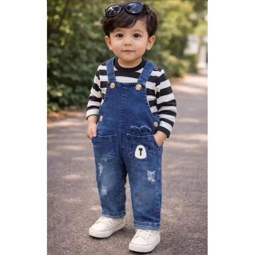 6-18 Ay Çizgili Badili Kot Salopet Bebek Takımı