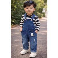 6-18 Ay Çizgili Badili Kot Salopet Bebek Takımı