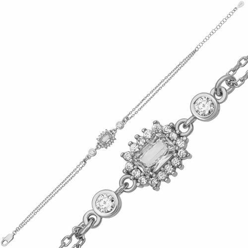 Gümüş Zirkon Taşlı Dikdörtgen Kadın Bileklik