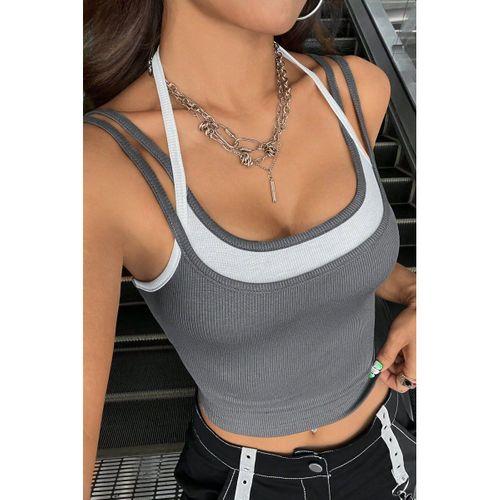 Kadın Antrasit Gri Beyaz Çift Renk Çapraz Askılı Crop Top Bluz