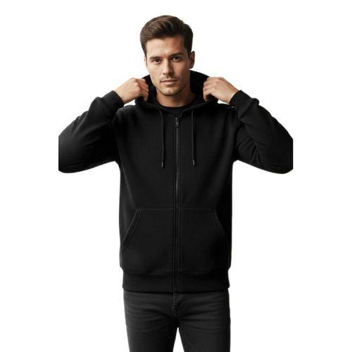 Erkek Kapüşonlu Fermuarlı Siyah Sweatshirt 3 İplik BGL-ST04791
