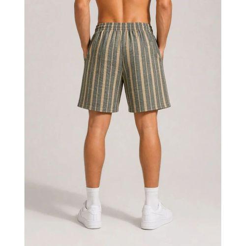 Erkek Çizgili Yazlık Şort Dokuma Kumaş Lastikli Bel Cepli Rahat Kesim - Haki