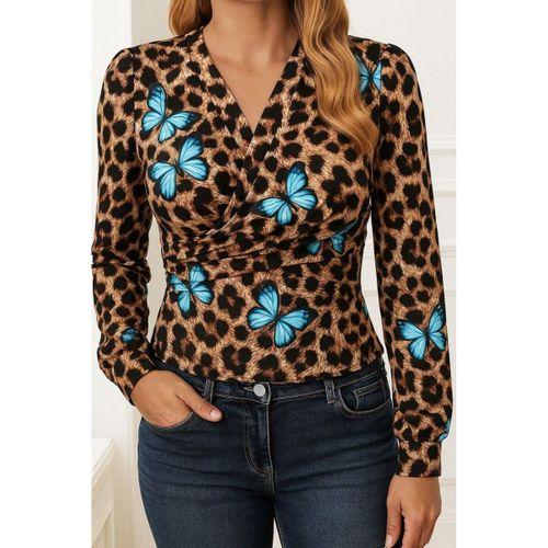 Kadın Uzun Kollu Kruvaze Yakalı Kelebek Desenli şardonlu Dalgıç Bluz
