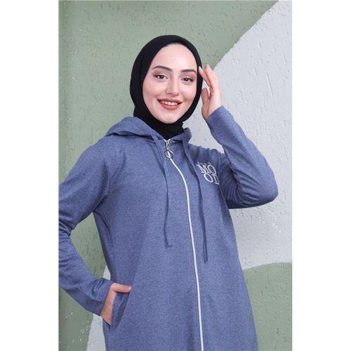 Yazı Baskılı Fermuarlı Kapşonlu Uzun Sweat - 03081.006 - İndigo