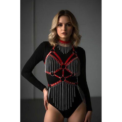 Deri Ve Zincir Detaylı Harness Takım, Deri Dansçı Kostüm, Choker Detaylı Deri Harness - Brf1397