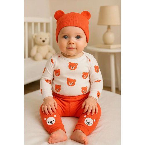 Kulaklı Ayıcık % 100 Pamuk 3'lü Erkek Bebek Takım
