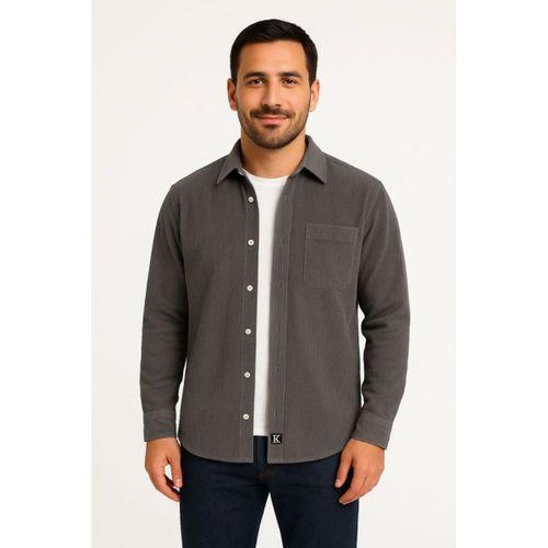 Erkek Fitilli Kadife Cepli Gömlek Oversize Rahat Kalıp - Füme