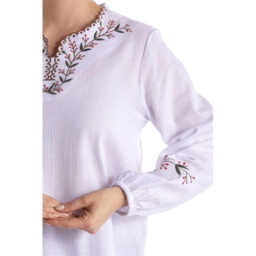 Şile Bezi Uzun Kol Beyaz Nakış Detaylı V Yaka Yazlık Otantik Bluz