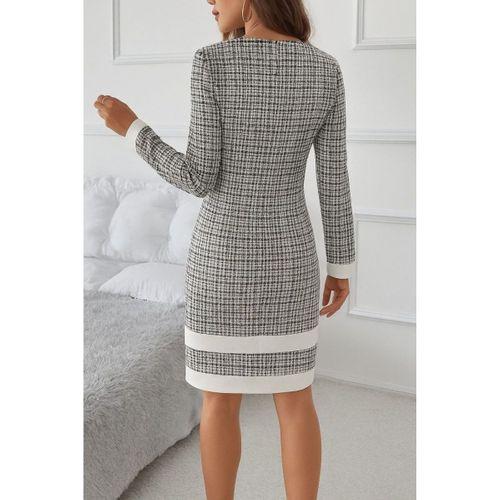 Kadın Uzun Kollu Yuvarlak Yaka Etek Ucu şerit Detaylı Mini Dokuma Elbise