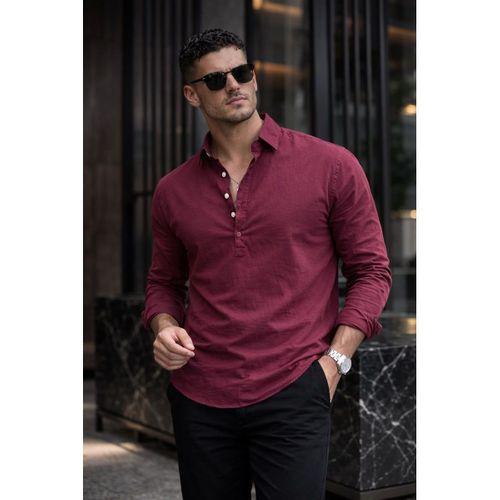 Yarım Pat Yakalı York Pamuk Kumaşlı Uzun Kollu Erkek Gömlek - Bordo