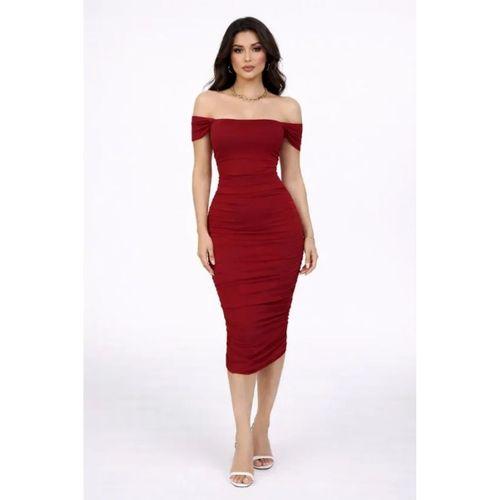 Madonna Yaka Drapeli Midi Elbise Likralı Vücuda Oturan Davet Elbisesi - Bordo