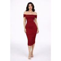 Madonna Yaka Drapeli Midi Elbise Likralı Vücuda Oturan Davet Elbisesi - Bordo