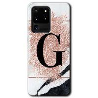 Potkal Hediye Fabrikası Samsung Galaxy S20 Ultra Kılıf HD Desen Baskılı Arka Kapak - Pembe Mermer Desenli G Harfi