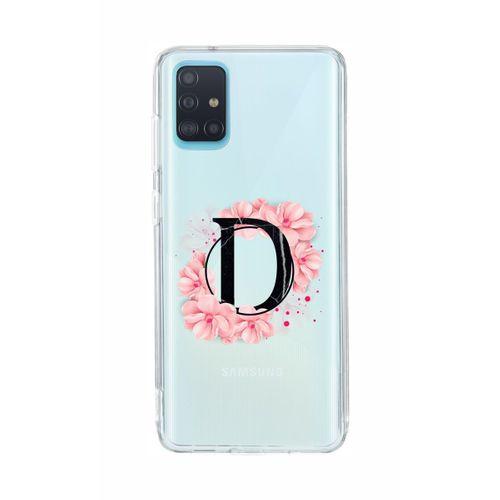 Samsung A51 Pembe Çiçek Desen D Harfli Şeffaf Kılıf