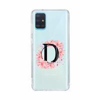 Samsung A51 Pembe Çiçek Desen D Harfli Şeffaf Kılıf
