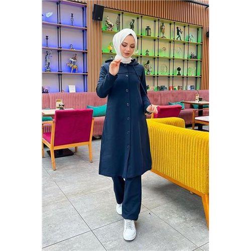 Kapşonlu Düğmeli Sade Basic Uzun Tunik ve Pantolon İkili Spor Takım - 03072.015 - Lacivert