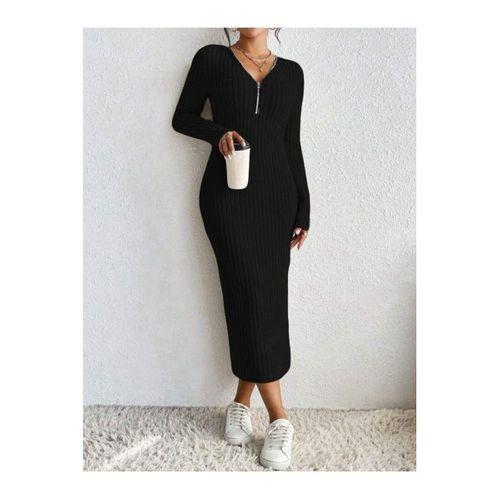 Kadın Uzun Kollu Fermuar Detay Fitilli Kaşkorse Kumaş Maxi Boy Elbise