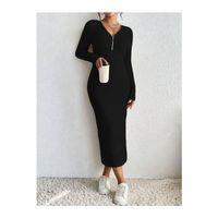 Kadın Uzun Kollu Fermuar Detay Fitilli Kaşkorse Kumaş Maxi Boy Elbise