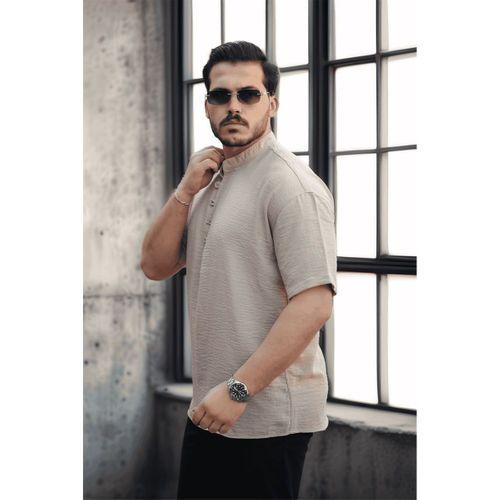 Oversize Yarım Pat Bambu Kısa kol Gömlek - Bej