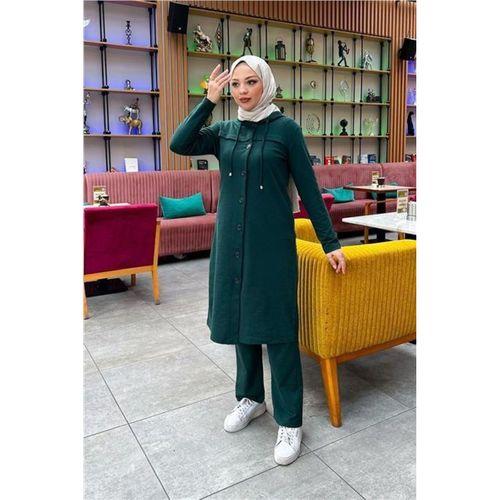 Kapşonlu Düğmeli Sade Basic Uzun Tunik ve Pantolon İkili Spor Takım - 03072.021 - Nefti