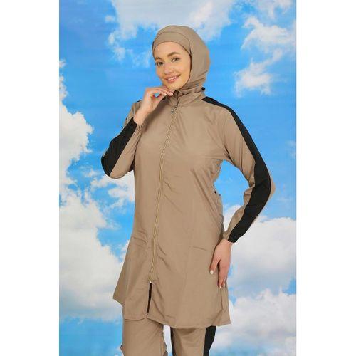 Kadın Pantolonlu Kolu Şeritli Tam Tesettür Mayo Bej