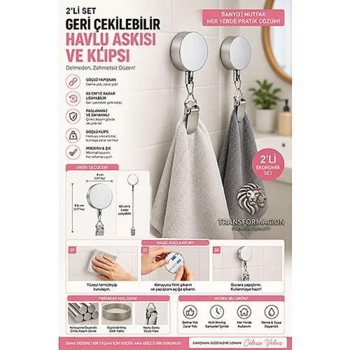 2li Geri Çekilebilir Havlu Askısı Yapışkanlı Mutfak Banyo Havlu Klipsi Duvar Askılığı Kancası Delmesiz Çinko Alaşım Metal Pratik Havlu Tutucu 723454
