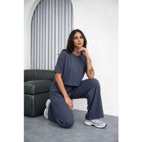 Osy Modal Yumuşak Dokulu Şalaş Oversize İkili Takım Bol Paça Pantolonlu Rahat Günlük Takım - Füme