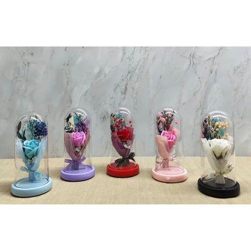 Işıklı Müzikli Cam Fanus İçinde Lavantalı Romantik Gül