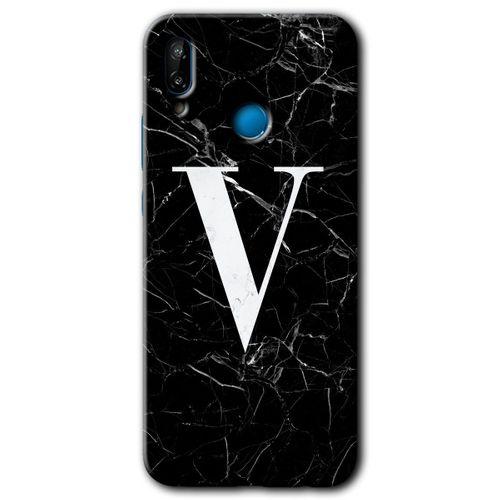 MRCİLETİSİM Huawei P20 Lite Kılıf HD Desen Baskılı Arka Kapak + Temperli Cam - Siyah Mermer Desenli V Harfi