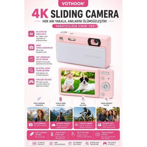 Dijital Kamera 4k Hd 48mp 8x Zoom Flaşlı Kayar Retro Video Kamera 2 4’’ Ekran 64gb Sd Kart Hediyeli Pembe