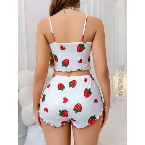 Kadın Beyaz Çilek Desenli Şortlu Pijama Takımı 5053