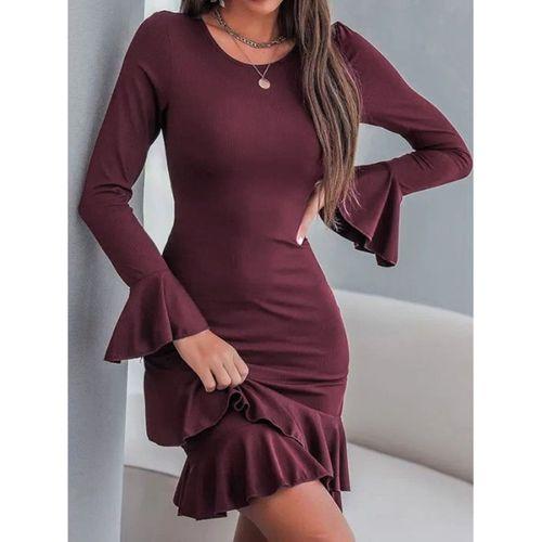 Kadın Uzun Kollu Yuvarlak Yaka Fırfırlı Kol Ucu Volanlı Janjan Krep Mini Elbise