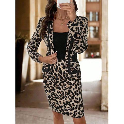 Kadın Uzun Kollu önü Açık Leopar Desen Modal Ceket Ve Etek Ikili Takım