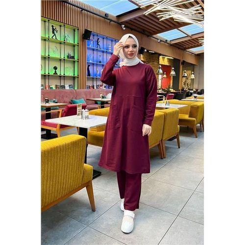 Önden İki Cepli Sade Basic Uzun Tunik Pantolon İkili Spor Takımı - 03067.009 - Bordo