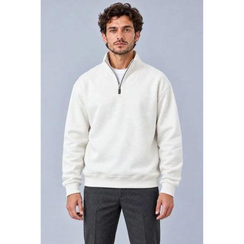 Erkek Üç İplik İçi Şardonlu Dik Yaka Yarım Fermuarlı Kışlık Sweatshirt - Beyaz