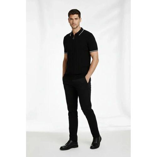 Erkek 2’li Paket Dokuma Triko  Fermuarlı Yakalı Fitilli Kısa Kollu Regular Fit Tişört - Haki - Siyah