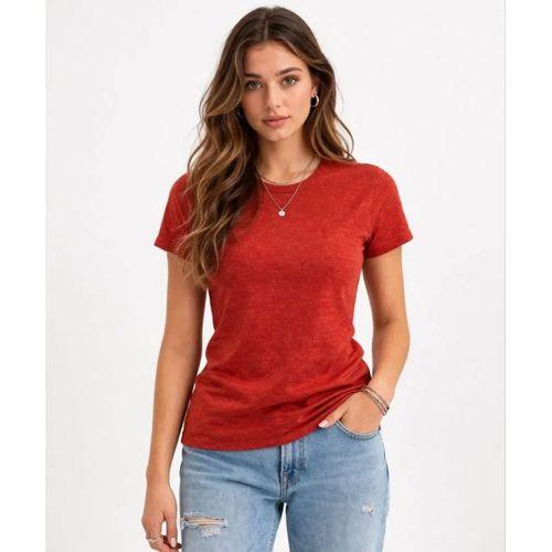 Flam Kumaş Melanj Dokulu Regular Fit Tişört Bisiklet Yaka Yazlık T-Shirt - Kiremit